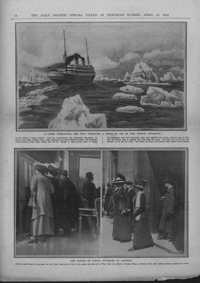 Paquebot dans un champ de glace, et des gens attendant des nouvelles de la catastrophe du Titanic, 20 avril 1912 - Unbekannt
