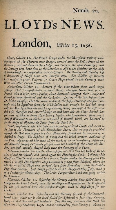 Lloyds News. Londres, 15 octobre 1696 - Numb. 20, 1928 - Unbekannt