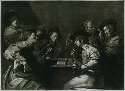Luth, violon et zink courbé noir, gravure italienne de l