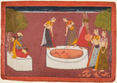 Madhava joue de la vina devant cinq femmes puisant de l