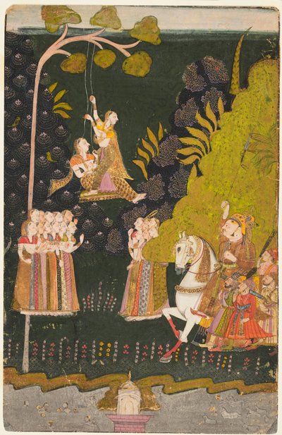 Maharaja Abhai Singh, équestre, regardant des filles se balancer au festival de Teej - Unbekannt