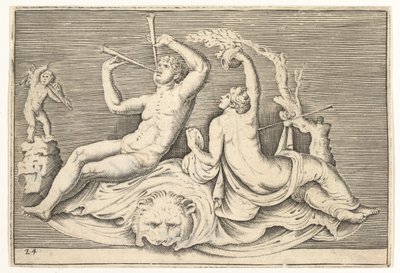 Homme jouant de deux flûtes et femme sur une peau de lion, publié vers 1599-1622 - Unbekannt