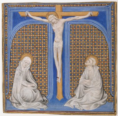Enluminure de manuscrit avec crucifixion dans une initiale T, d