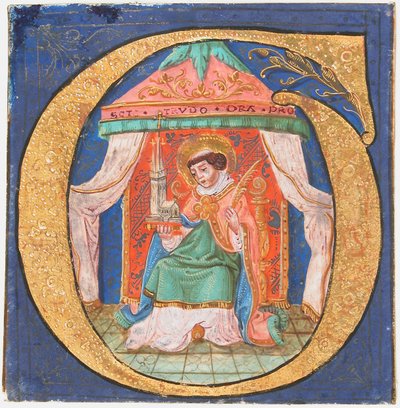 Enluminure de manuscrit avec Saint Trudo Trond dans une initiale O, d