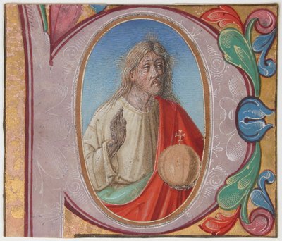 Enluminure de manuscrit avec Salvator Mundi dans une initiale P, d