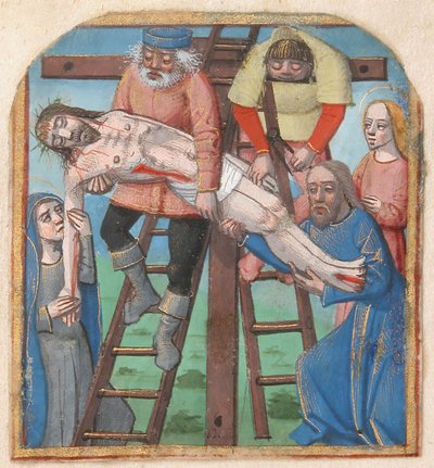 Enluminure de manuscrit avec la Descente de Croix, d