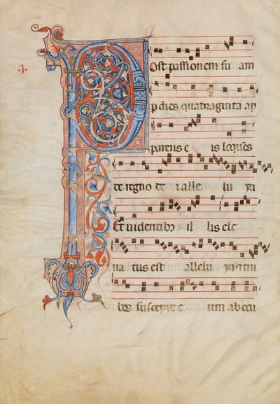 Feuille de manuscrit avec initiale P feuillue, d