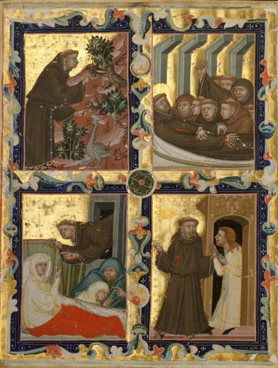 Feuille de manuscrit avec des scènes de la vie de Saint François d