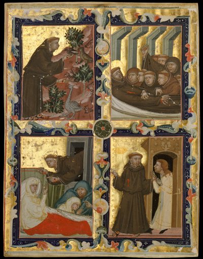 Feuille de manuscrit avec des scènes de la vie de Saint François d