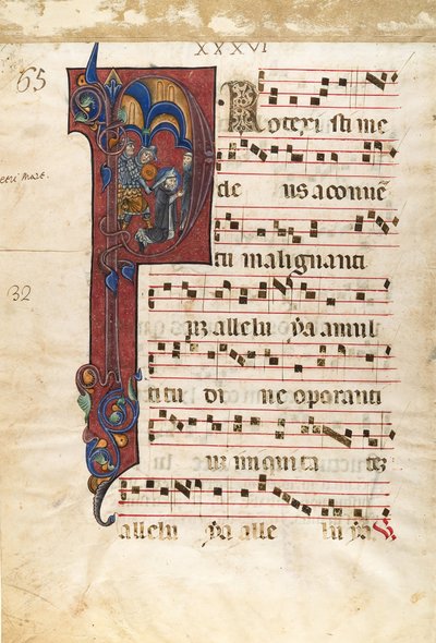 Feuille de manuscrit avec le martyre de Saint Pierre Martyr dans une initiale P, vers 1270-80 - Unbekannt