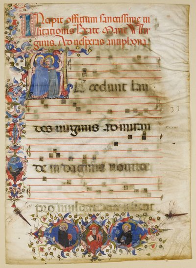 Feuille de manuscrit avec la Visitation dans une initiale A et le cardinal Adam Easton..., italien, ca. 1400 - Unbekannt