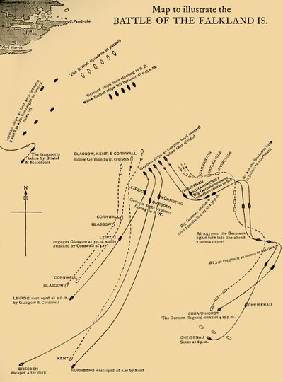 Carte illustrant la bataille des îles Falkland le 8 décembre 1914, vers 1920 - Unbekannt