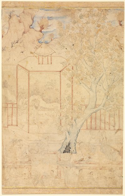 Maître et disciple dans un pavillon de jardin, illustration unique, vers 1570-1590 - Unbekannt