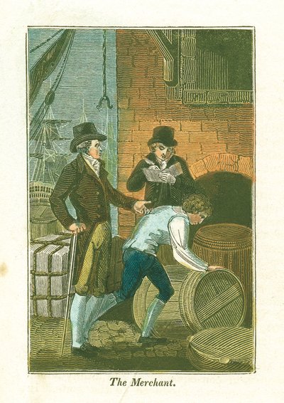 Marchand et son commis au quai vérifiant les marchandises dans un entrepôt, 1823 - Unbekannt
