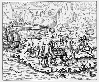 Marchands transportant des marchandises vers la côte et un navire en attente à dos de chameau, 1575 - Unbekannt