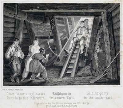 Mine de sel : Visiteur glissant sur un toboggan menant dans les souterrains, à Durrnburg, Autriche - Unbekannt