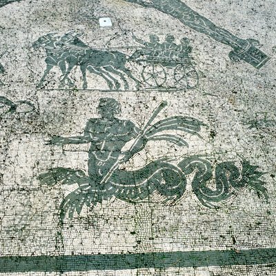 Mosaïque, Chariots tirés par des mules avec des voyageurs, Cisarii. Ier siècle après J.-C. - Unbekannt
