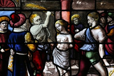 Cathédrale de Moulins. Vitrail. Grande martyre Sainte Barbara. Châtiment, 20160603, Moulins, Europe - Unbekannt