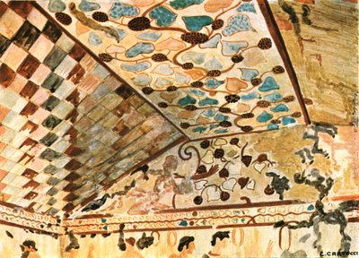 Peinture murale dans la tombe avec le banquet Tomba del Triclinio, Tarquinia, Italie, 1928 - Unbekannt