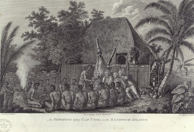 Indigènes des îles Sandwich, Hawaï, abattant des porcs devant le capitaine Cook, vers 1778 - Unbekannt