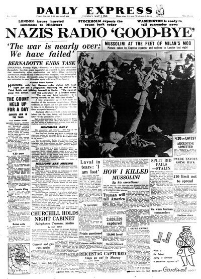 Les nazis disent au revoir à la radio, première page du Daily Express, 1er mai 1945 - Unbekannt