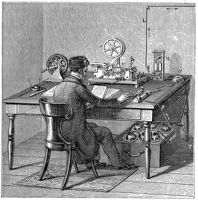 Opérateur envoyant un message sur un télégraphe électrique Morse, 1887 - Unbekannt