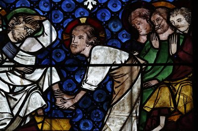Notre-Dame de la cathédrale de Strasbourg. Vitrail. Le Christ lavant les pieds des apôtres. 14ème siècle. Strasbourg. France. - Unbekannt