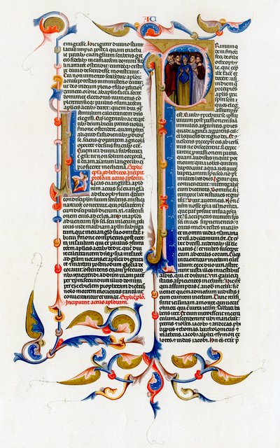 Page de texte avec lettre initiale illuminée, 14e siècle - Unbekannt