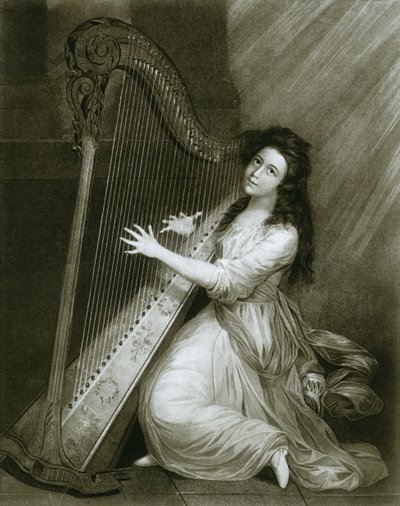 Harpe à pédales avec action de crochet, gravure en couleur de la fin du XVIIIe siècle, 1948 - Unbekannt