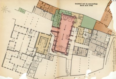 Plan du Guildhall et de ses environs, City de Londres, vers 1750, 1886 - Unbekannt