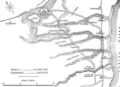 Plan des marches de Pearson janvier 1879 et de Chelmsford avril 1879 à Etschowe, vers 1880 - Unbekannt
