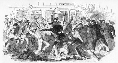 Charge de la police contre les émeutiers au bureau du Tribune, vers 1860s - Unbekannt