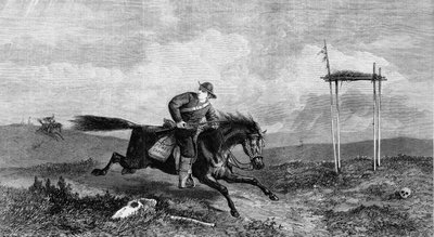 Cavalier du Pony Express traversant un pays hostile poursuivi par des Amérindiens, 1861 - Unbekannt