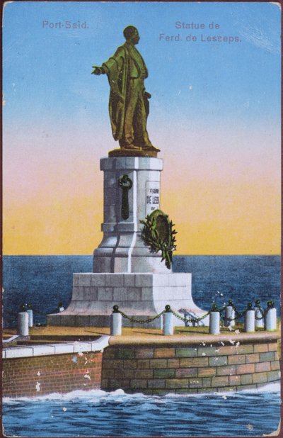 Carte postale représentant la statue de Ferdinand de Lesseps au port de Saïd, début du XXe siècle (lithographie en couleur) (d