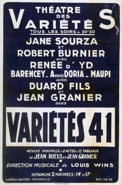 Affiche publicitaire Variétés 41, France, 1941 - Unbekannt