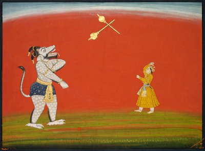 Pradyumna et Samvara se battent avec des masses : Feuille du Grand Basohli Bhagavata Purana, vers 1760-1765 - Unbekannt