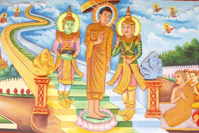 Monastère Preah Prom RathVie du BouddhaBouddha rendant visite au ciel et rencontrant les dieux Indra et Brahma, Siem Reap, Cambodge - Unbekannt