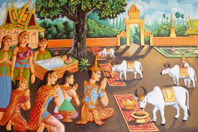 Monastère Preah Prom Rath Vie du Bouddha Le jeune Siddhartha Gautama et sa mère lors d