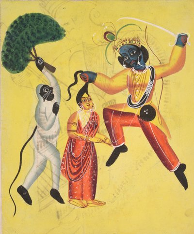 Rama et Hanuman, tenant un arbre déraciné, sauvent Sita, 1800s - Unbekannt