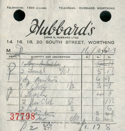 Reçu du grand magasin Hubbards, 1921 - Unbekannt