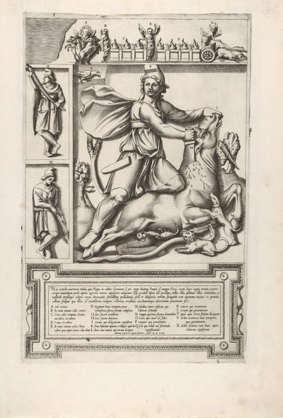 Relief avec Mithra agenouillé sur un taureau et enfonçant une épée dans son épaule, à gauche tw..., 1564 - Unbekannt