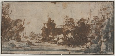 Inlet rocheux avec bateaux et bâtiments (recto), croquis de châteaux (verso) - Unbekannt