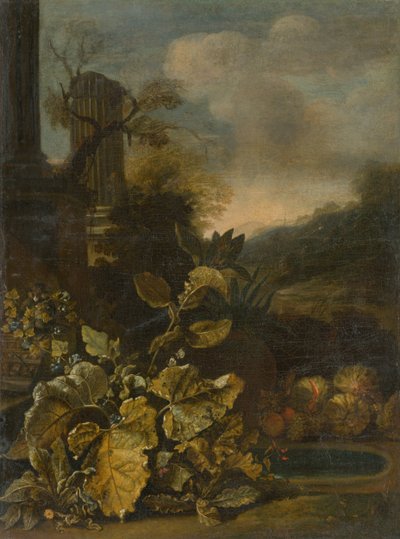 Paysage romantique avec nature morte et colonne antique - Unbekannt
