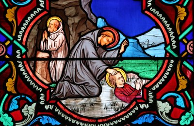 Église du Sacré-Cœur. Vitrail. Benoît de Nursie. Saint Benoît est le patron de l