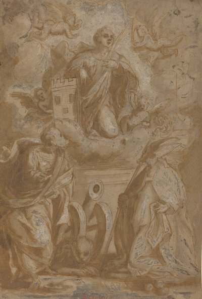 Sainte Barbe en gloire avec les saints Nicolas et Jérôme, seconde moitié du XVIe siècle - Unbekannt
