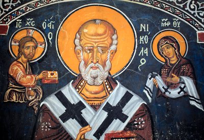 Saint Nicolas entourant le Christ et Marie, fresque byzantine du 14e siècle (1332), mur sud du narthex, église Phorbiotissa, Asinou, Chypre - Unbekannt