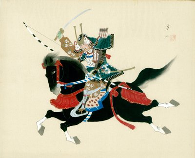 Guerrier samouraï à cheval. Une peinture japonaise sur soie, dans un style japonais traditionnel - Unbekannt