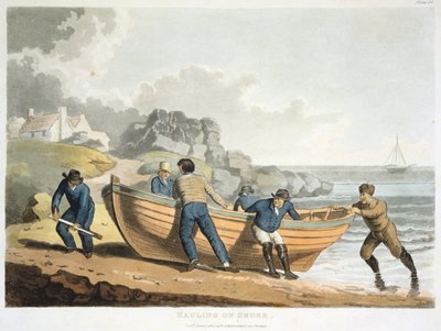 Marins tirant un canot clinker-built sur le rivage - Unbekannt