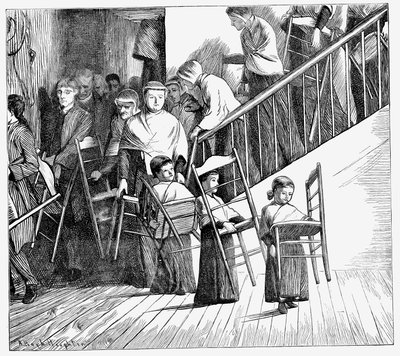 Communauté Shaker allant dîner, chacun portant sa propre chaise Shaker, État de New York, 1870 - Unbekannt