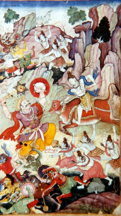 Siva détruit le démon et Haka, manuscrit Harivamsa, école moghole, vers 1590 - Unbekannt